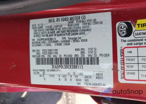 2012 Ford Fusion Hybrid z USA, uszkodzony, nr VIN 3FADP0L30CR288115